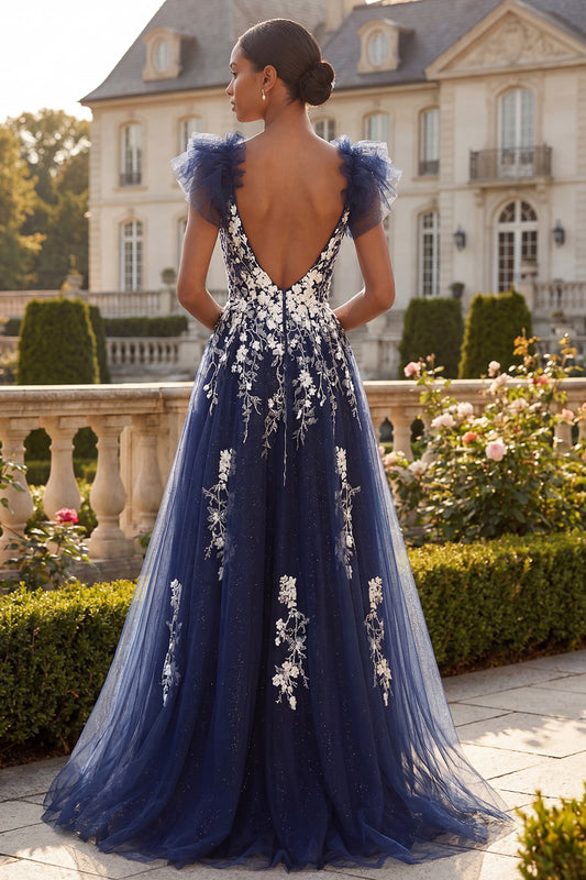 A Line V-Neck Floral Navy Glitter Ruffled Long Prom Dress with Slit