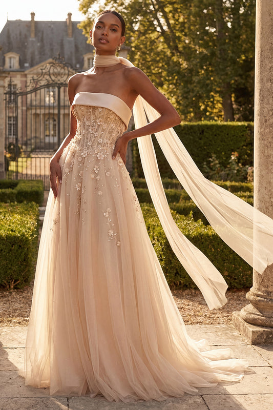 Strapless A Line Corset Floral Blush Neck Scarf Long Prom Dress