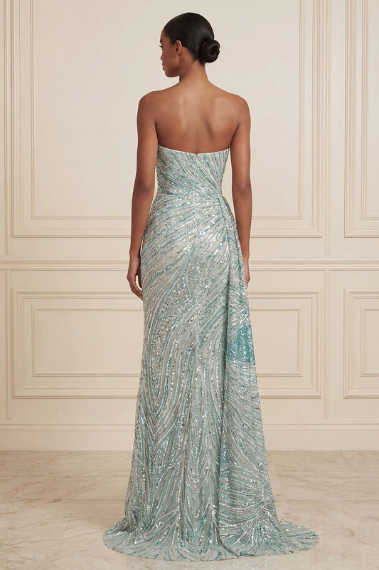 Sparkly Blue Mermaid Beaded Long Strapless Prom Dress with Side Cape