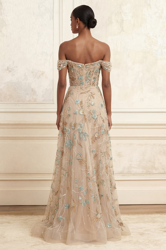 A Line Sparkly Champagne Beaded Long Corset Floral Prom Dress