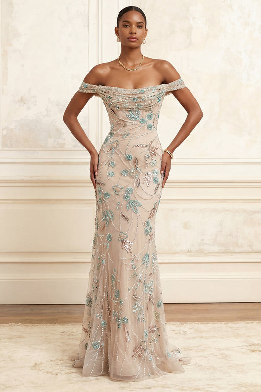 Long Floral Sparkly Champagne Beaded Off the Shoulder Prom Dress
