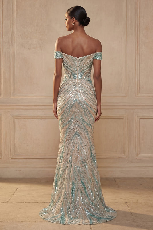 Sparkly Blue Mermaid Beaded Off the Shoulder Long Prom Dress