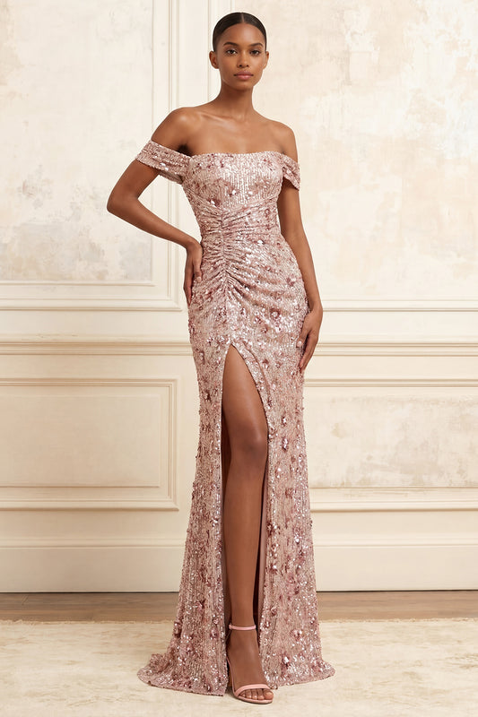 Beaded Off the Shoulder Sparkly Blush Long Floral Prom Dress with Slit