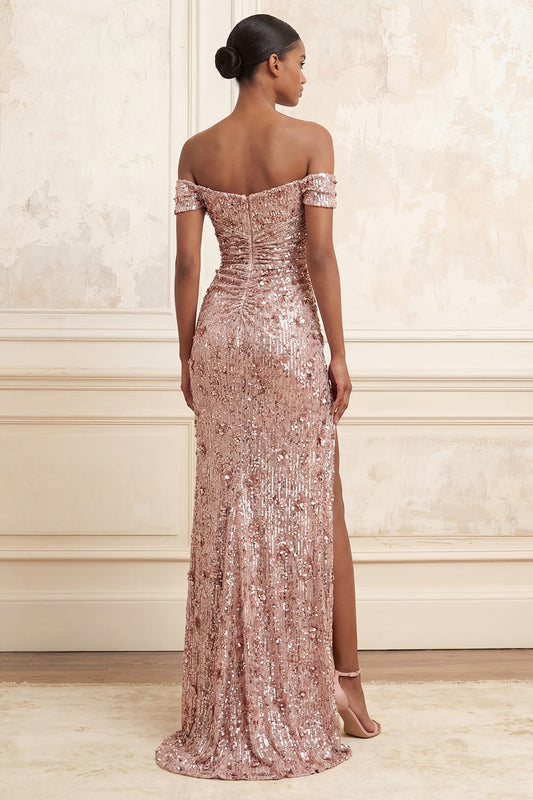 Beaded Off the Shoulder Sparkly Blush Long Floral Prom Dress with Slit