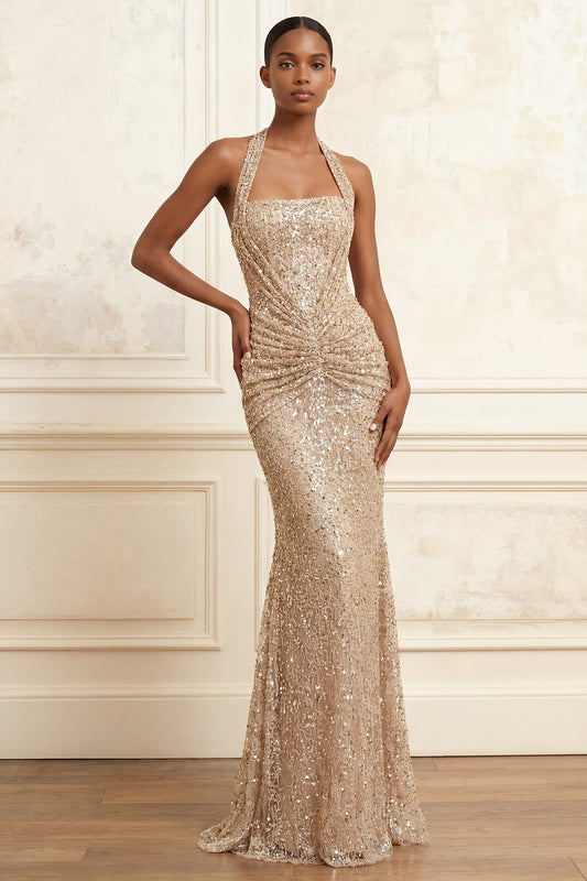 Halter Mermaid Beaded Ruched Sparkly Champagne Long Prom Dress