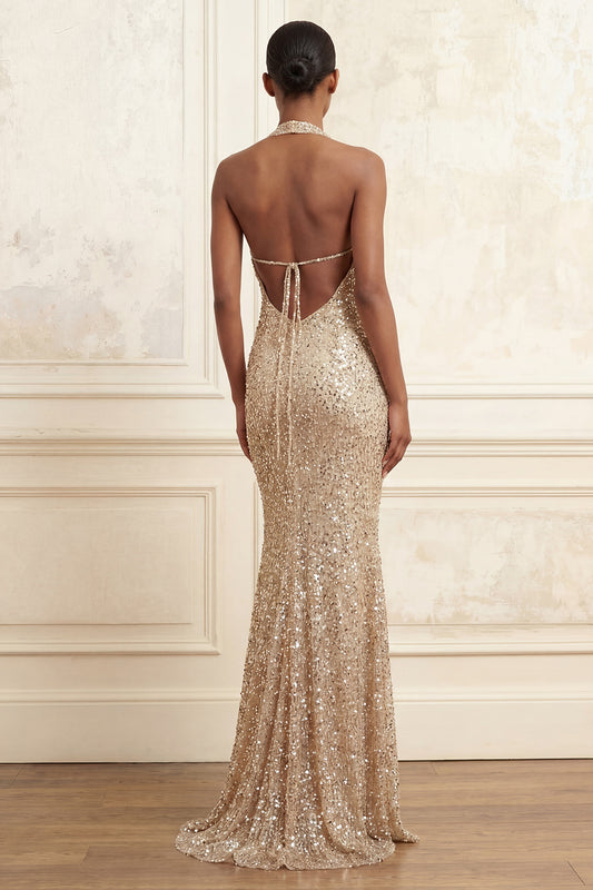Halter Mermaid Beaded Ruched Sparkly Champagne Long Prom Dress