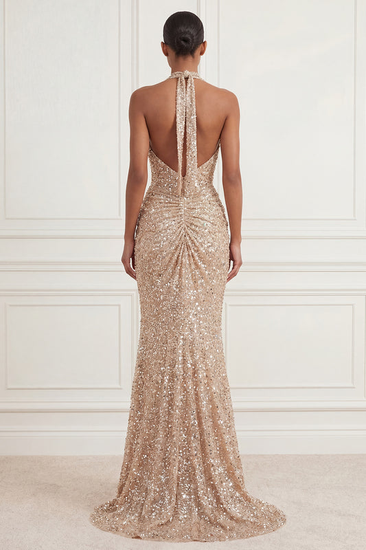 Sparkly Champagne Long Halter Ruched Beaded Prom Dress with Slit
