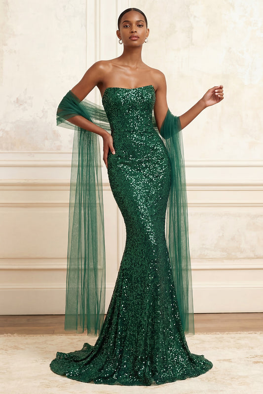 Strapless Sparkly Dark Green Mermaid Beaded Long Prom Dress with Shawl