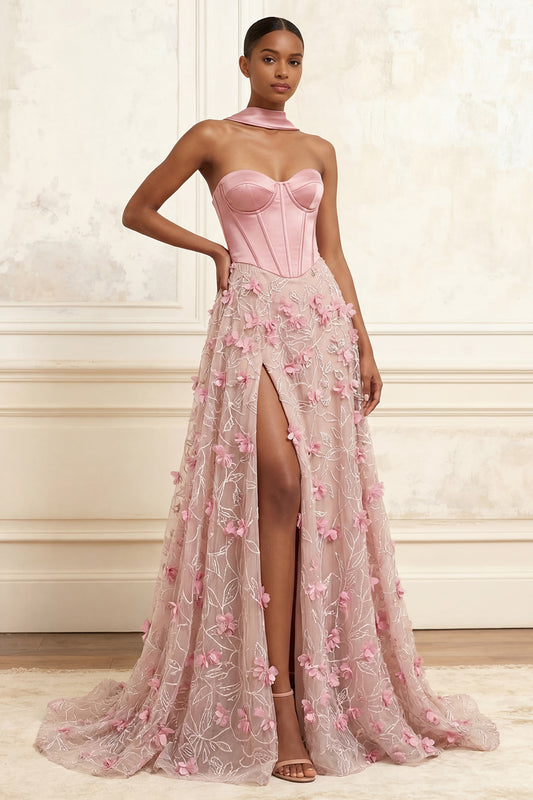A Line Floral Corset Pink Basque Waist Long Prom Dress with Slit