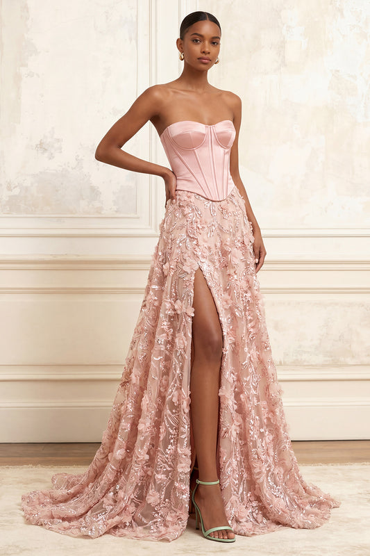 Long Strapless Beaded A Line Floral Corset Sparkly Blush Prom Dress with Slit