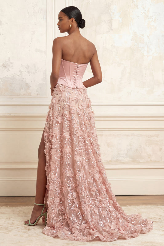 Long Strapless Beaded A Line Floral Corset Sparkly Blush Prom Dress with Slit