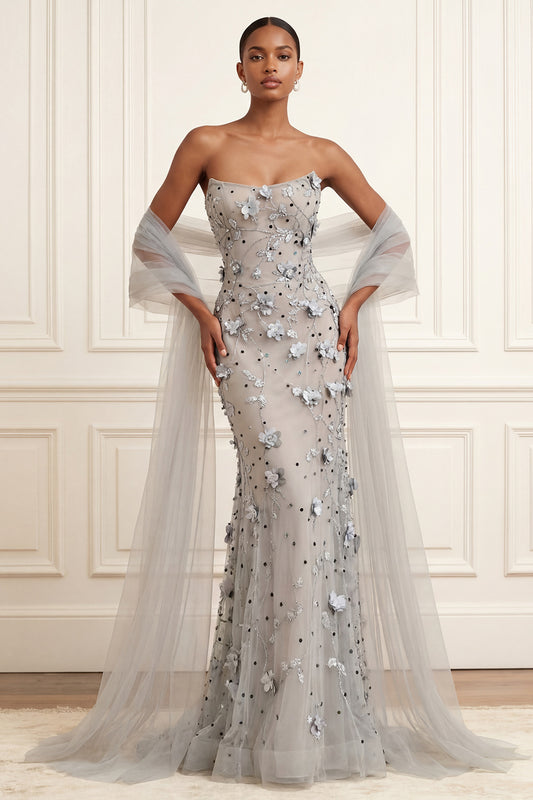 Floral Silver Long Strapless Mermaid Prom Dress with Shawl