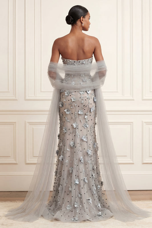 Floral Silver Long Strapless Mermaid Prom Dress with Shawl