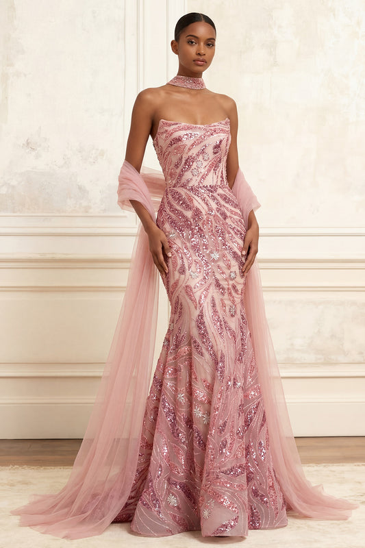 Strapless Sparkly Pink Long Mermaid Beaded Prom Dress with Shawl