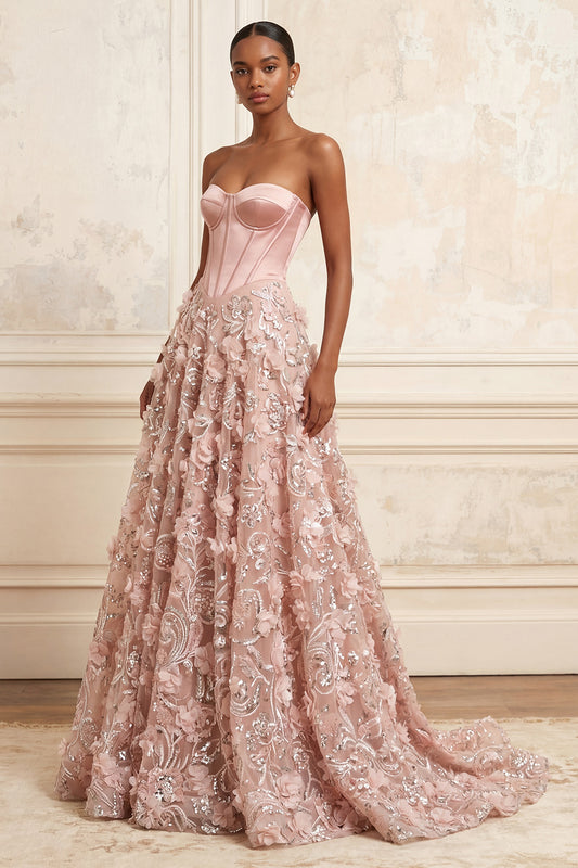 Sparkly Blush Long Strapless A Line Floral Basque Waist Corset Beaded Prom Dress
