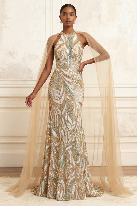 High Neck Sparkly Champagne Long Beaded Prom Dress with Cape
