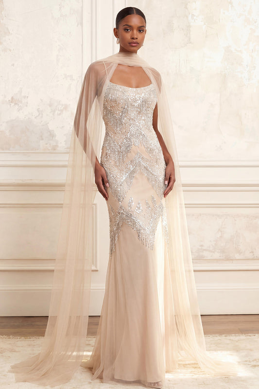 Sparkly Apricot Long Beaded Spaghetti Straps Prom Dress with Shawl