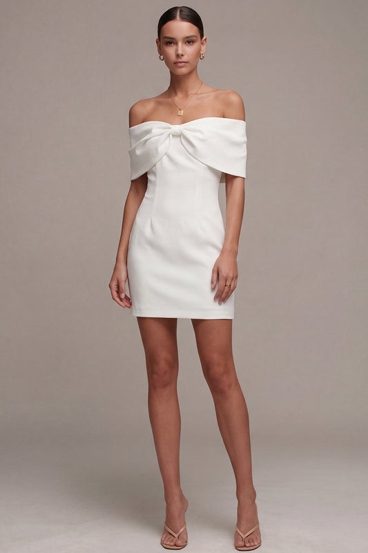 White Tight Short Off the Shoulder Graduation Dress with Bow