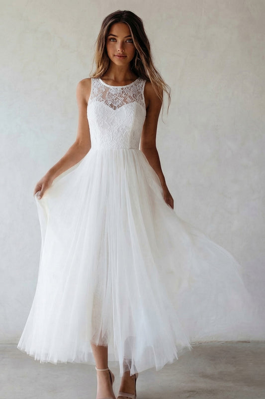 White A Line Floral Maxi Lace Boho Wedding Dress