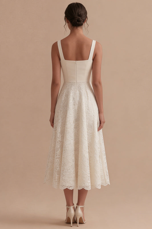 Square Neck Ivory Floral A Line Maxi Boho Lace Wedding Dress