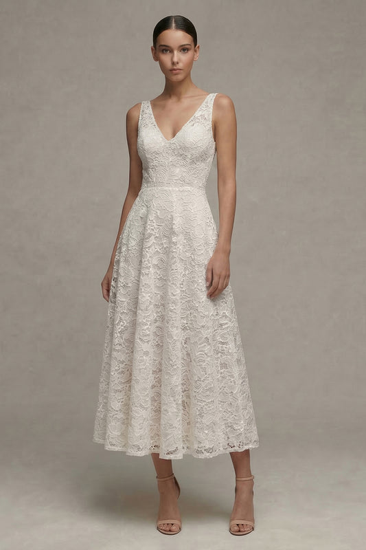 Floral V-Neck Ivory A Line Maxi Boho Lace Wedding Dress