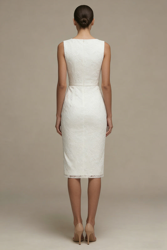 Bodycon Floral Bateau Neck Midi White Boho Wedding Dress