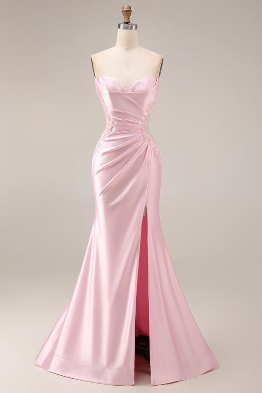Long Strapless Ruched Pink Mermaid Prom Dress with Slit