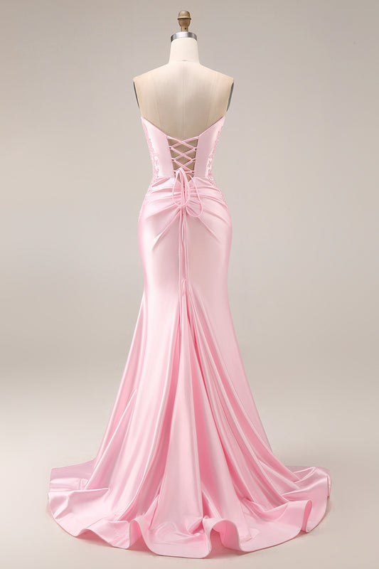 Long Strapless Ruched Pink Mermaid Prom Dress with Slit