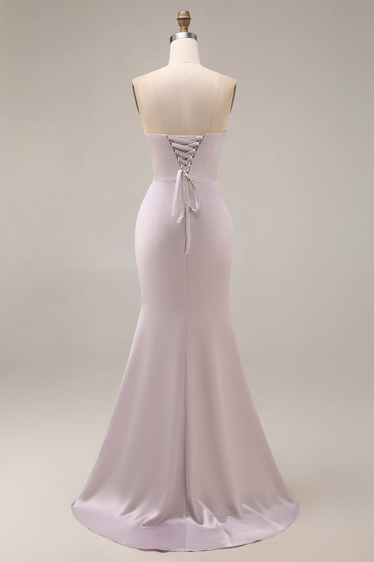 Light purple Long Beaded Strapless Ruched Mermaid Prom Dress with Slit