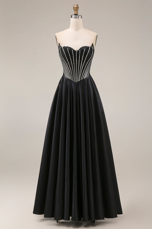 A Line Black Corset Long Strapless Prom Dress with Beading