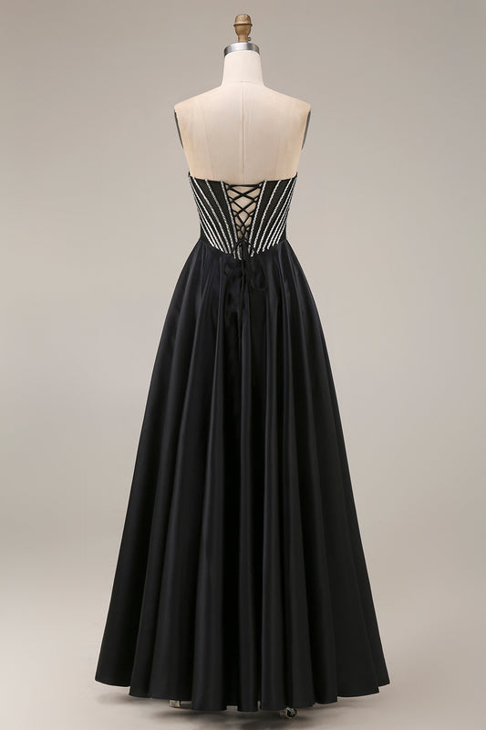 A Line Black Corset Long Strapless Prom Dress with Beading