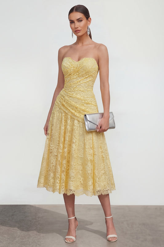 Sweetheart Ruched Lace Floral Butter Yellow A Line Maxi Wedding Guest Dress
