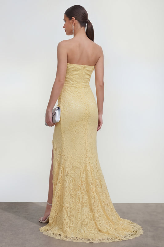 Mermaid Ruched Lace Floral Butter Yellow Maxi Wedding Guest Dress with Slit