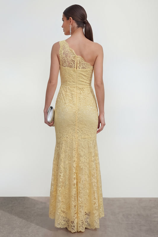 Mermaid Ruched Lace Floral Butter Yellow Asymmetrical Wedding Guest Dress
