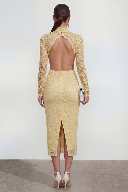 Lace Floral Butter Yellow Bodycon Cut Out Midi Wedding Guest Dress with Back Slit