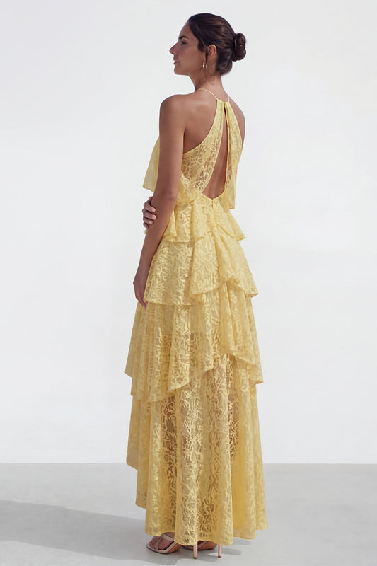 Halter Corset Lace Floral Yellow A Line High Low Wedding Guest Dress with Ruffles