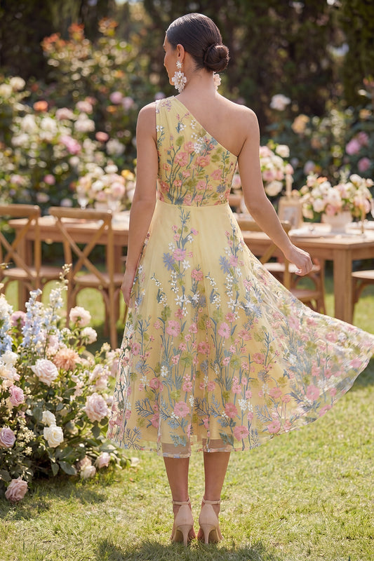 Floral Ruched Butter Yellow A Line One Shoulder Maxi Wedding Guest Dress