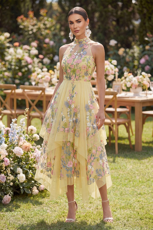 High Neck Floral Butter Yellow A Line Open Back Maxi Wedding Guest Dress with Ruffles