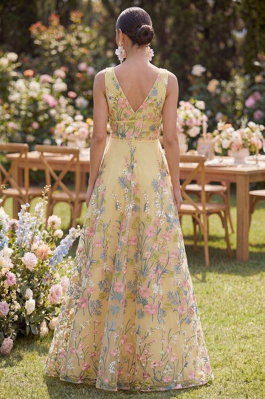 V-Neck Floral Butter Yellow A Line Long Wedding Guest Dress