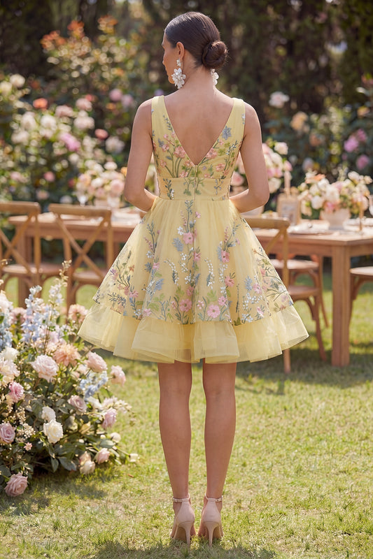 Short V-Neck Floral Butter Yellow A Line Wedding Guest Dress with Ruffles