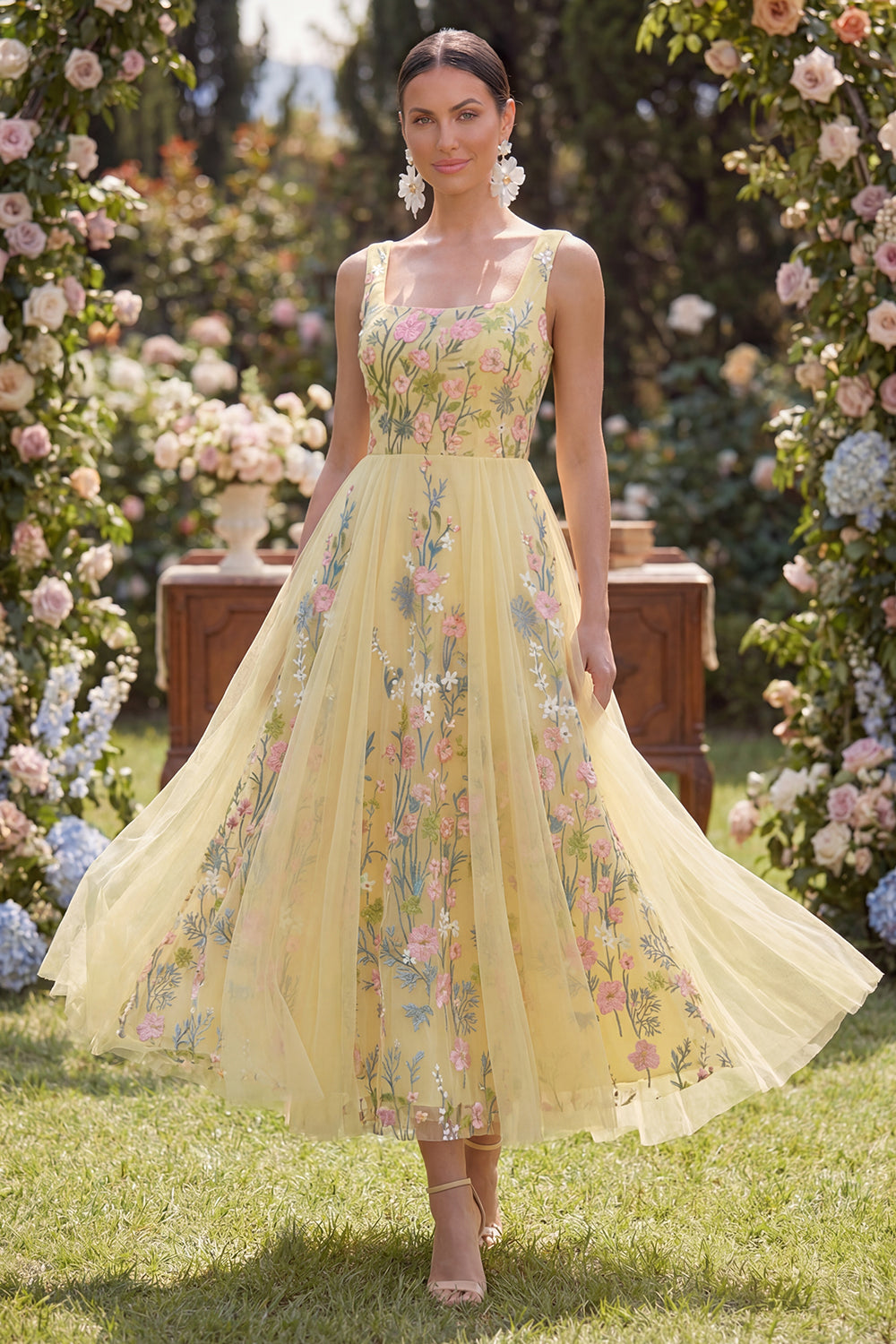 Zapakasa Women Butter Yellow Floral Maxi Wedding Guest Dress A Line Square  Neck Formal Dress