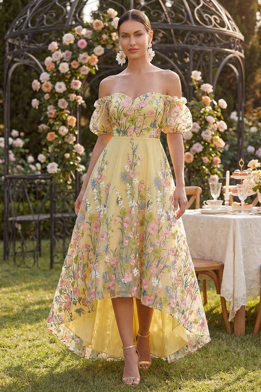 Puff Sleeves Floral Butter Yellow A Line High Low Wedding Guest Dress