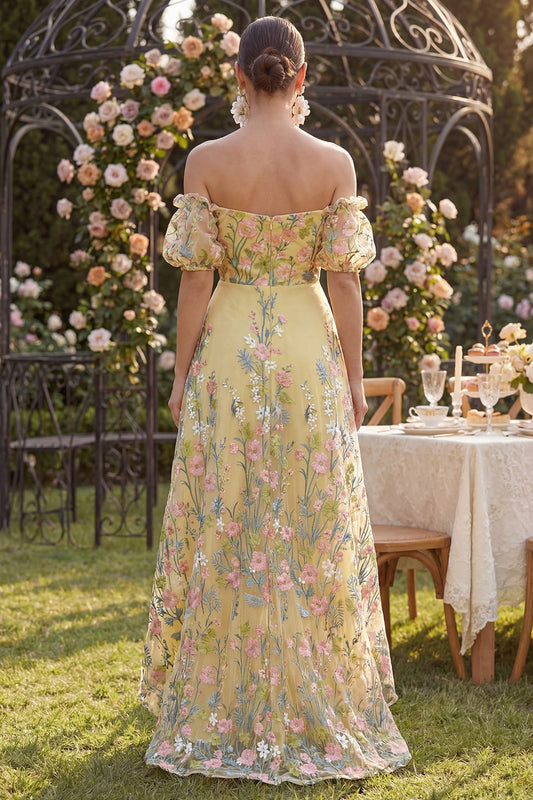 Puff Sleeves Floral Butter Yellow A Line High Low Wedding Guest Dress