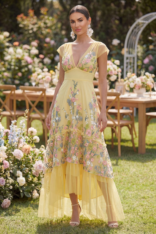 Cap Sleeves Floral Butter Yellow A Line Maxi Wedding Guest Dress with Ruffles