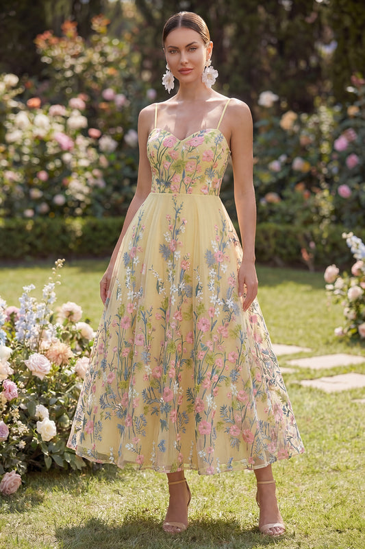 Spaghetti Straps Floral Butter Yellow A Line Maxi Wedding Guest Dress