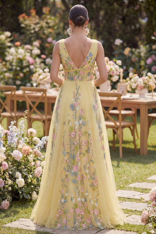 A Line Long V-Neck Floral Butter Yellow Wedding Guest Dress