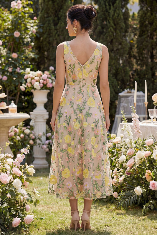 A Line Maxi V-Neck Floral Champagne Wedding Guest Dress