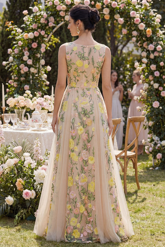 Boat Neck A Line Long Floral Champagne Wedding Guest Dress