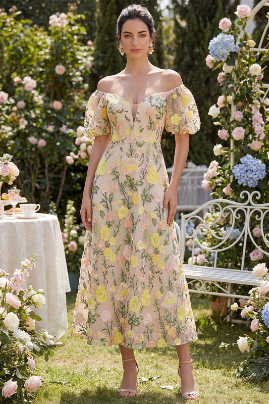 Off the Shoulder Floral Champagne A Line Maxi Wedding Guest Dress with Sleeves