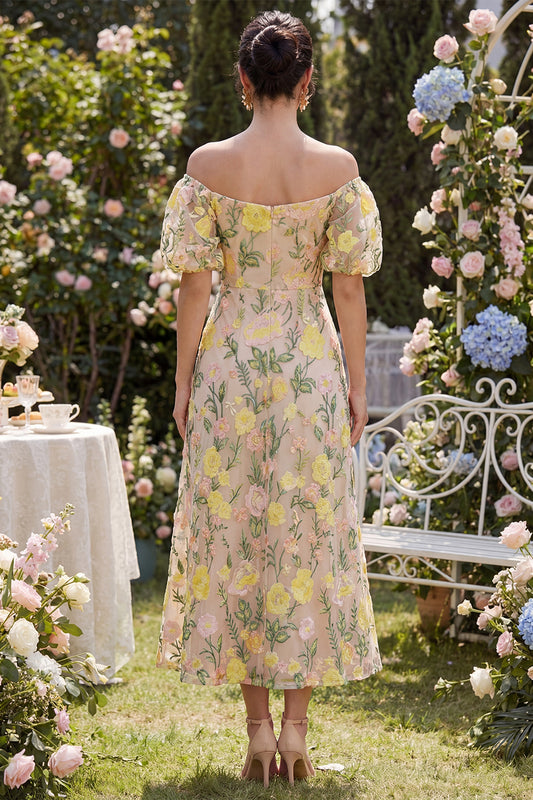 Off the Shoulder Floral Champagne A Line Maxi Wedding Guest Dress with Sleeves